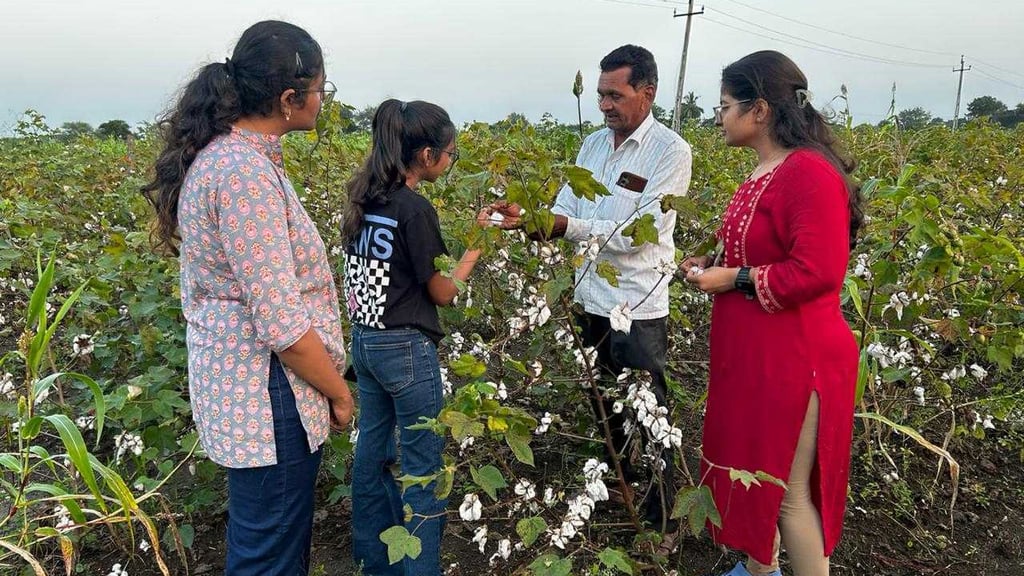 ફૂલ પર આવેલા કપાસના ખેતરમાં ઊભેલા ત્રણ વિદ્યાર્થીઓ, અને ડાળી બતાવીને સમજાવતા ખેડૂત
